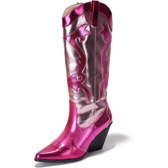 Shoes - Women's Metallic Pink Mid Calf Western Pointed Toe Comfortable Heel Boots